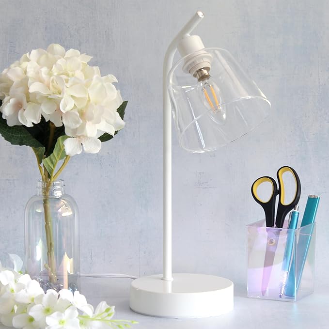 Simple Designs LD1080-WHT 16" Sleek Essentials Modern Industrial Metal Desk Lamp with Clear Glass Shade, for Office, Desk, Nightstand, Dorm, White