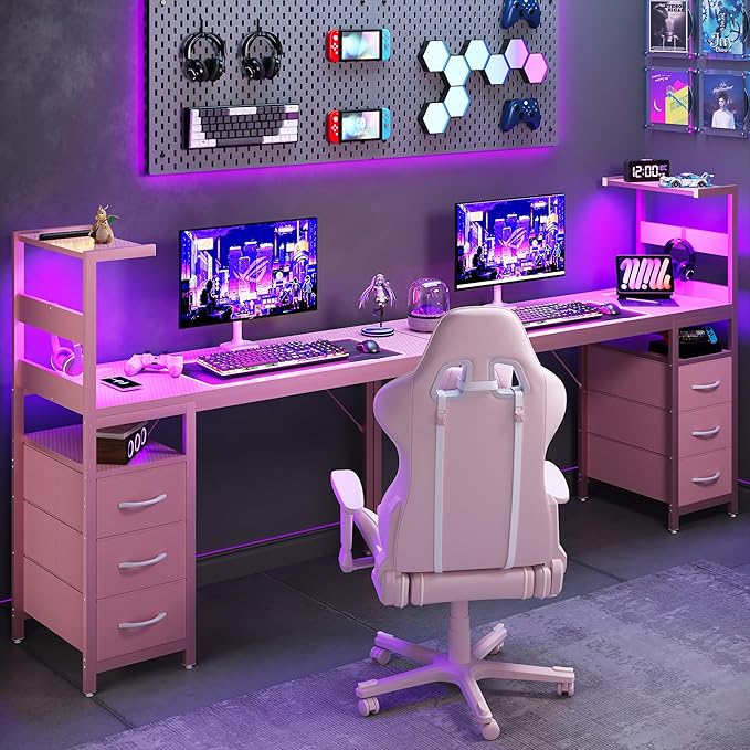 YOUDENOVA 48 Inch Gaming Computer Desk with Led Lights, Small Desk with Storage Shelves and Drawers, Reversible Compact Gamer Table for Home Office, Carbon Fiber Pink