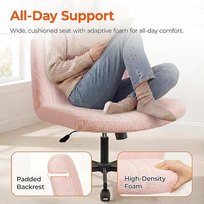 Orange Factory Criss Cross Chair Wheels Vanity Chair Office Desk Comfy Wide Cross Legged Armless Teddy Fabric Adjustable Swivel for Home Computer Task (Pink, Teddy Fleece)
