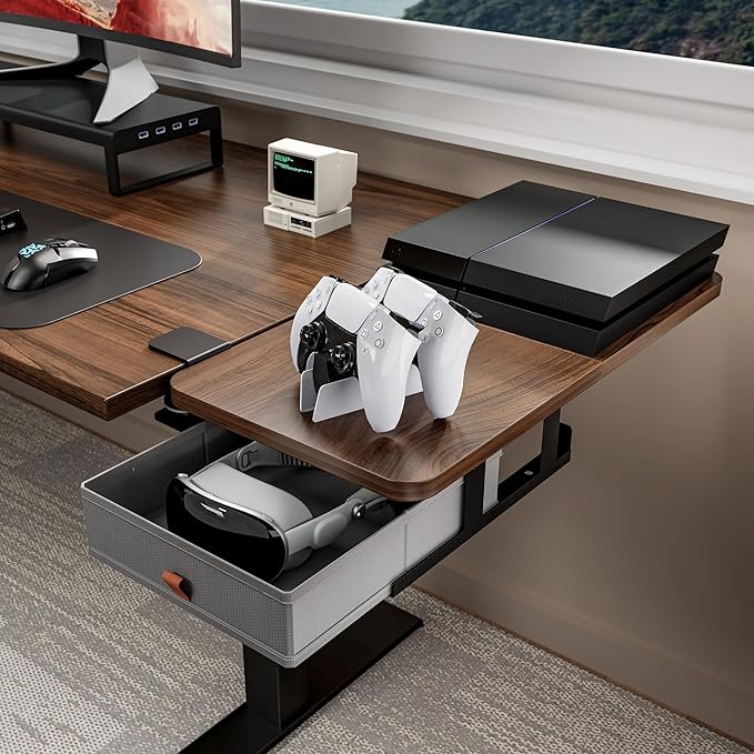 PEGZONE Desk Extender Tray, 24" x 12" Clamp On Desk Shelf, Desk Extension with Storage Drawer, Table Desk Arm Rest, Clamp On Keyboard Tray for Office and Home, Workstation Organizer, Medium, Walnut