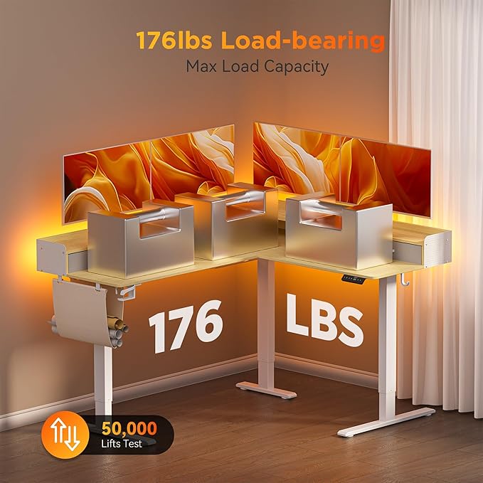 WALKINGDESK 63 Inches Height Adjustable L Shaped Standing Desk with 3 Drawers and Monitor Shelf, Electric Sit to Stand Home Office Comupter Table, Ergonomic Corner Gaming Desk, Oak