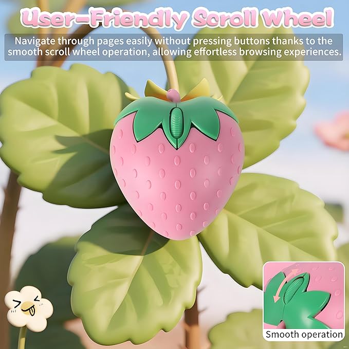 Cute Strawberry Wireless Mouse - 2.4G & Bluetooth Dual-Mode, Ergonomic Design for Laptop/PC - Perfect for Students & Gamers, Comfortable Grip & Plug-and-Play (Pink)