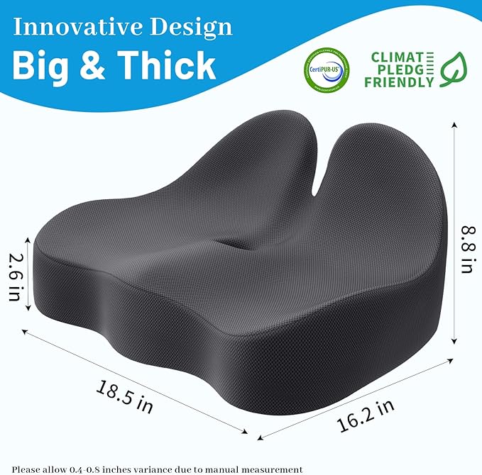 Cushzone Seat Cushion, Memory Foam Office Chair Cushions, Ergonomic Curved Design for Sciatica, Tailbone, Coccyx, Seat Support for Car, Desk Chair, Wheelchair, Enhances Long Sitting Comfort (Grey)