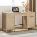 SICOTAS Rattan Executive Desk with Storage - 52" Large Home Office Desk with 3 Drawers and 2 Cabinets, Boho Computer Table for Study, Office, Living Room, Light Oak