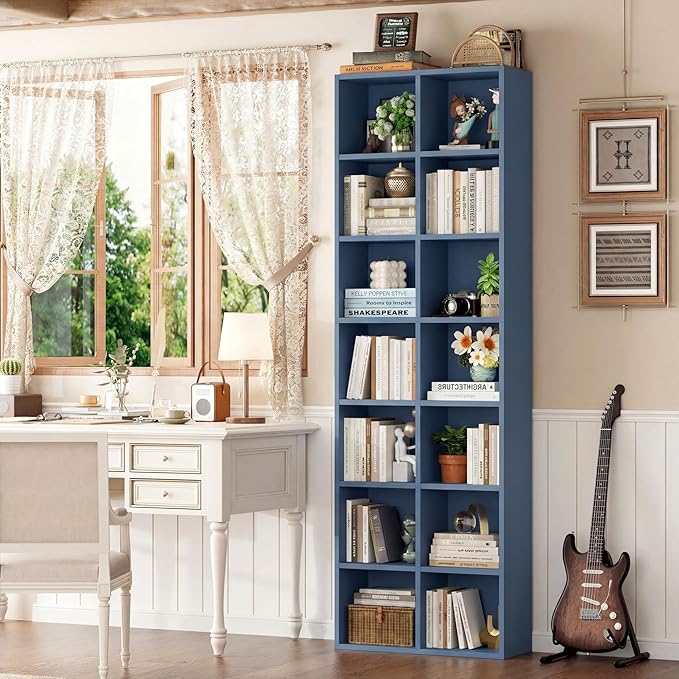 FOTOSOK 71'' Tall Bookshelf with 14 Cubes, 7 Tier Double Wide Bookshelf with 6 Adjustable Shelves, 19.6" Narrow Bookcase DVD/CD Media Storage Shelf, Space Saving Display Shelf Cabinet, Blue
