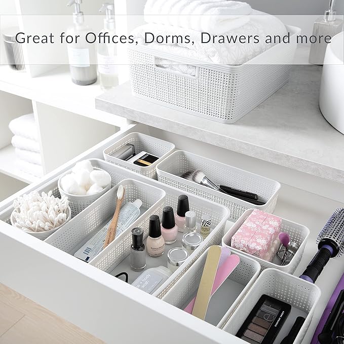 Simplify 5 Piece Organizing Set | Multiple Size Bins | Multipurpose | Office | Desk | Dorm | Bathroom | Storage Basket | Small Items | Accessories | White