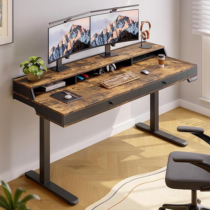 Standing Desk with Drawers, 47x23.6" Whole Piece Electric Stand Up Desk with Storage Shelf and Memory Controller, Sit Stand Desk Adjustable Height from 28-46" for Computer Workstation, Rustic Brown