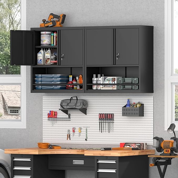 Metal Garage Storage Cabinets, Lockable Black Cabinet, Tool Cabinets Storage Wall Mounted, Hanging Cabinet with Guard Bar for Home Office, Basement