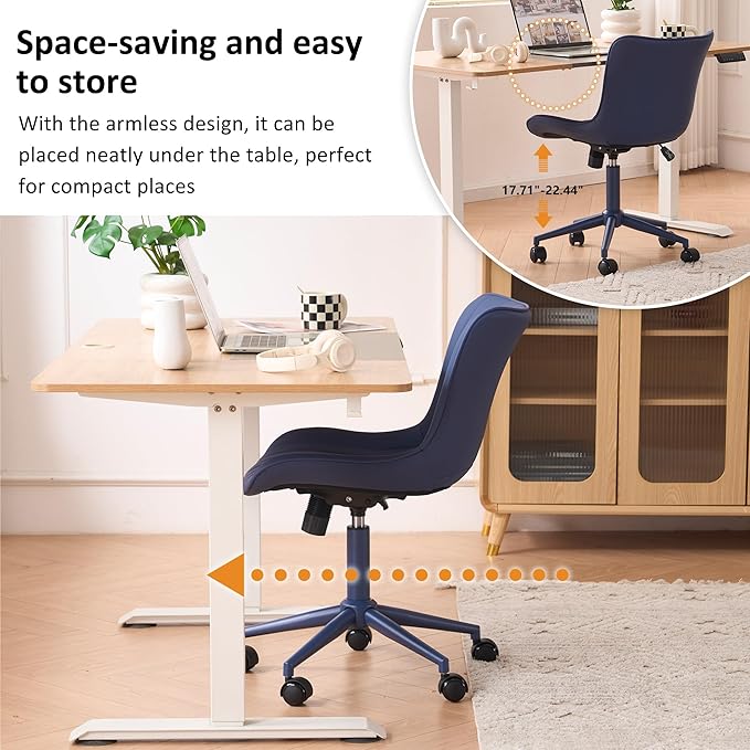 YOUNIKE Home Office Desk Chair with Wheels Armless Vanity Chair with Back Comfy Modern Leather Upholstered Rolling Task Chair Swivel Small Cute Sewing Chair No Arms Wide Adjustable Ergonomic Navy Blue