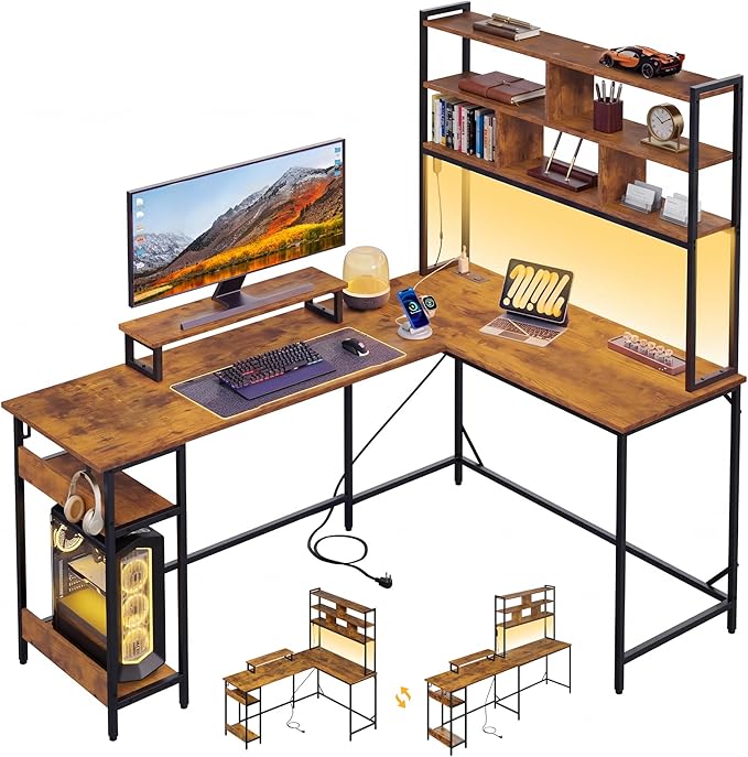 DEVAISE L Shaped Gaming Desk with Hutch, Reversible Computer Desk with LED Light, 3-Tier Shelves, 2 AC+2 USB Outlet and Monitor Stand, Corner Desk with Storage for Home Office (Rustic Brown, 66 Inch)