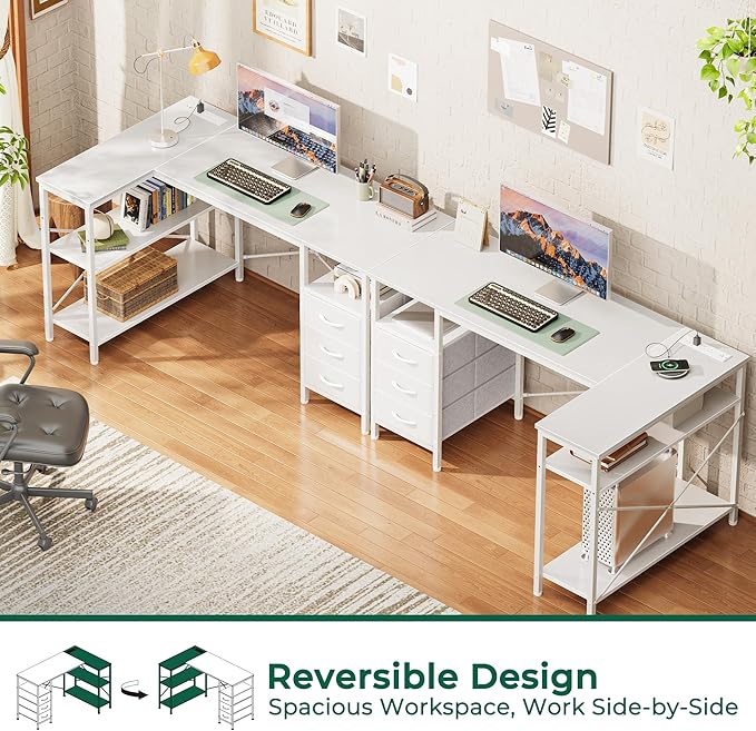 Huuger L Shaped Office Desk with Power Outlets, 47 Inch Computer Desk with 3 Drawers, Shelves, for Gaming, Corner Work, Home Office, Study, White