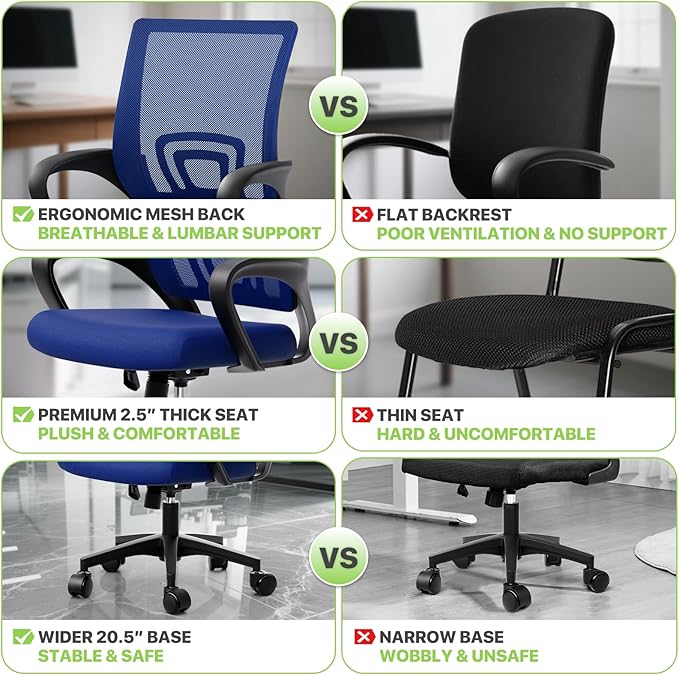Magshion Office Chair, Ergonomic Mid-Back Mesh Desk Chair, Rolling Computer Chair with Lumbar Support & Comfy Armrests for for Gaming, Work, Study, 300 Lbs Capacity, Navy Blue