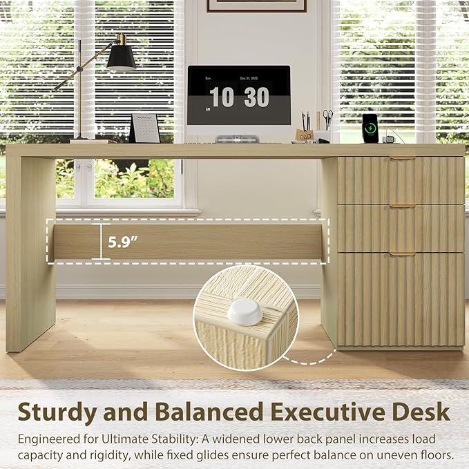 60" Fluted Executive Desk with Ample File Drawer & Large Charging Station, Wood Modern Home Office Desk with Storage, Computer Writing Desk for Work, Living Room, Bedroom, Durable & Sturdy, Natural