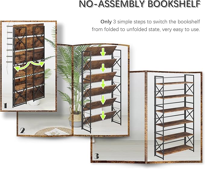 4NM Extra Wide 6 Tiers No Assembly Book Shelves, 61.8" H Folding Bookshelf Bookcase Open Industrial Foldable Shelves for Bedroom, Living Room, Home Office - Rustic Brown Black