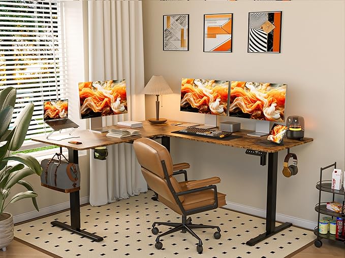 WALKINGDESK 75x61 Inches Reversible L Shaped Standing Desk Height Adjustable with Cup Holder, Electric Corner Computer Workstation for Home Office, Ergonomic Sit Stand up Gaming Desk, Rustic Brown
