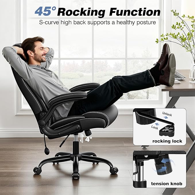 BESTFAIR Ergonomic Office Chair - Desk Computer Chair, Leather High Back Executive Chairs with Adjustable Lumbar Support & Flip Up Arms, Black 4 Pack