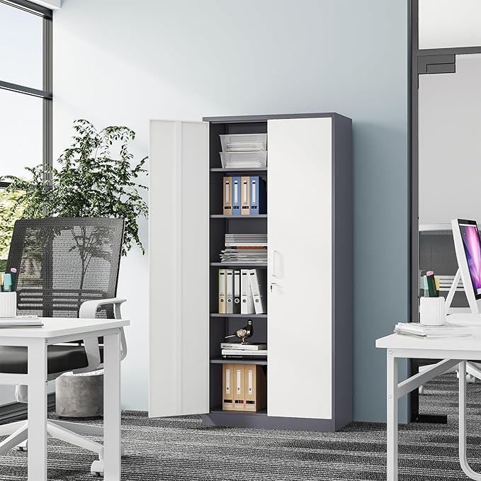 Fesbos Metal Cabinet Steel Storage Cabinet - 71” Tall Steel File Cabinets with Lockable Doors and 5 Adjustable Shelves Gray&White Storage Cabinets for Home, School, Office, Garage