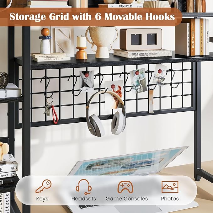 Giantex Desktop Bookshelf, 37" Desk Shelf for Up to 32" Computer Monitors, 4 Tier Desktop Display Shelves with Grid Panel, 6 Movable Hooks, Anti-tip Device, Desk Hutch for Home Office Dorm (Black)