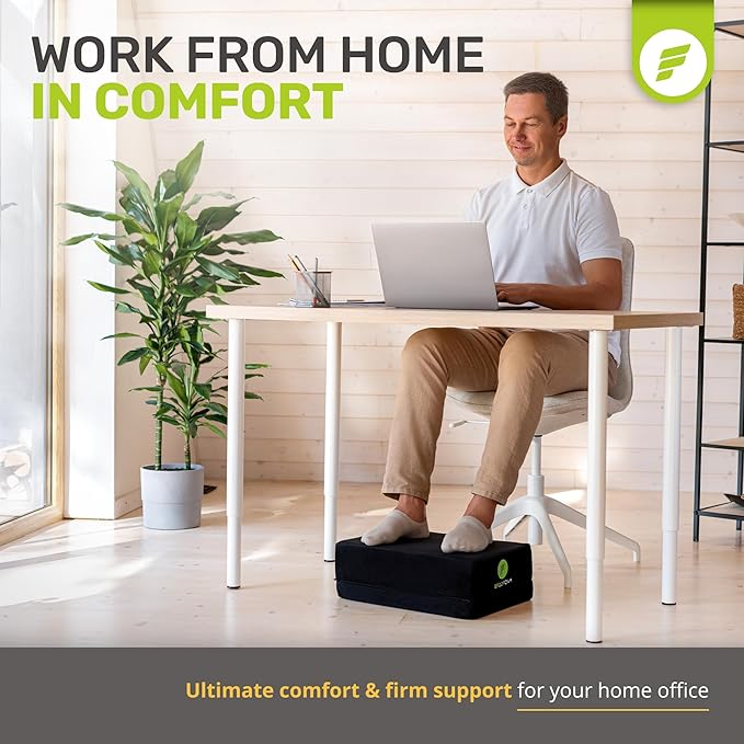 ErgoFoam Flat-Top Adjustable Foot Rest - High-Density Compression-Resistant Foam, Non-Slip, Black, Modern, Office
