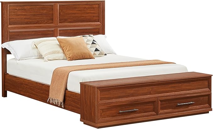 Queen Size Bed with 3D Geometric Headboard & Storage Bench - 4-Drawer Storage, Modern Bedroom Furniture, Walnut. The 3D geometric grid pattern on the headboard exudes modern charm, blending refineme