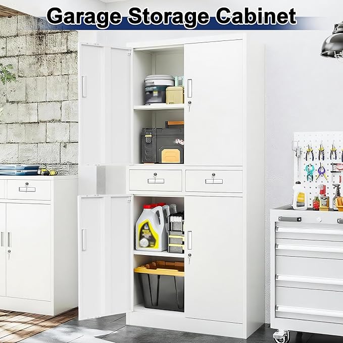 BESFUR Metal Storage Cabinet with 2 Drawers 4 Doors and 2 Adjustable Shelves Garage Storage Cabinet with Lock 71" Office Storage Cabinets Locking Cabinets for Garage Office Shop Home (White)