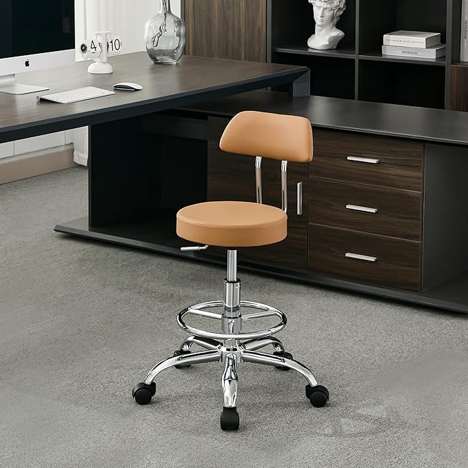 FIRAVOE Ergonomic Desk Stool(Sturdy Rolling Stool with Back)(Swivel Armless Office Chair 19.5"-26.6") Adjustable Footrest Salon Chair (Camel Brown)