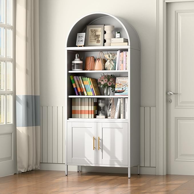 VEXPOR 73" Tall Metal Arched Bookcase with Doors, 5-Tier Arched Bookshelf with 2 Adjustable Shelves for Living Room, Home Office, Assembly Required, White
