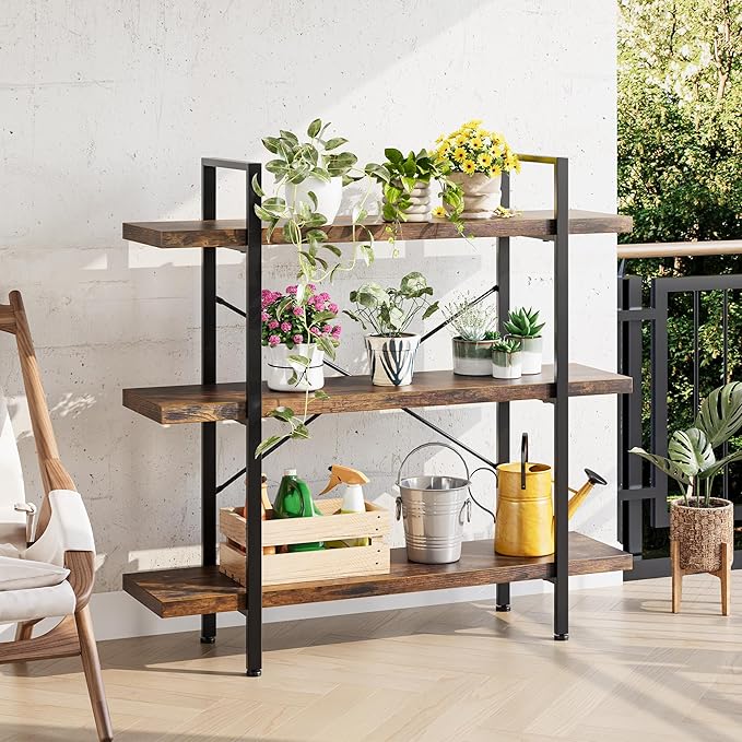 OtterOasis Heavy Duty 3-Tier Industrial Bookcase, 39" Wide Wood Bookshelf for Home Office, 120lbs Shelf Capacity, Rustic Open Shelving Display with Reinforced Horizontal Shelf for Living Room Bedroom