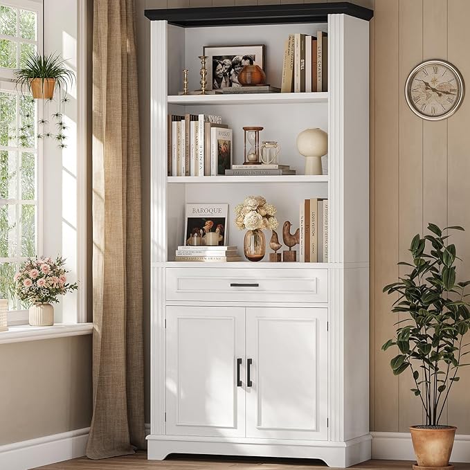 SEDETA Farmhouse Bookshelves and Bookcases with Doors and Drawer, Bookshelf with Storage, Floor Standing 6 Shelf Display Storage Shelves 70 in Tall Bookshelf for Home Office, Living Room, White
