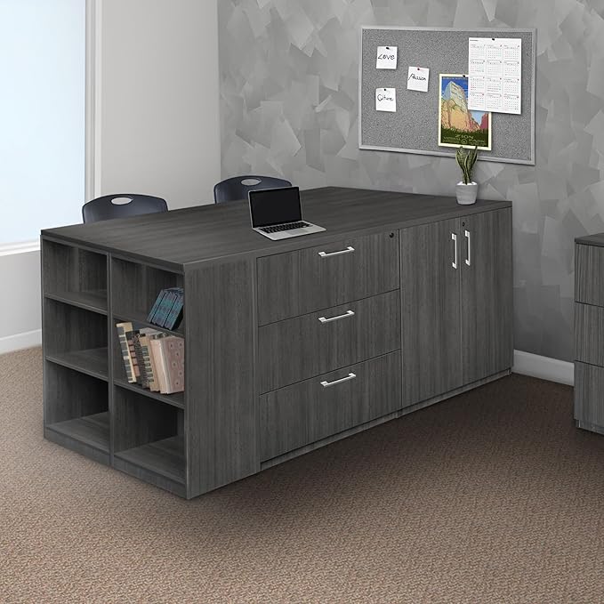 Regency Legacy Stand Up 2 Desk/Storage Cabinet/Lateral File Quad with Bookcase End- Ash Grey