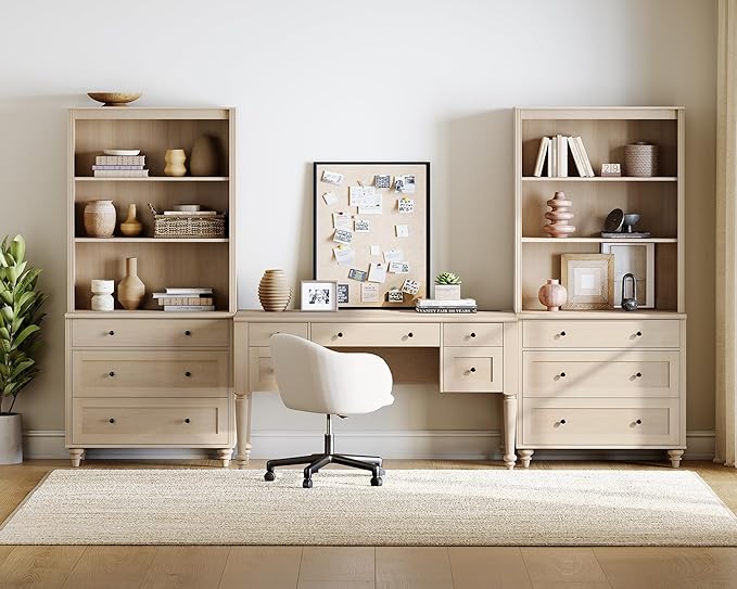 WAMPAT Home Office Furniture Set, 56'' Executive Desk with Charging Station, 72" Tall Bookcase with 6 Drawers, Wood Computer Desk with File Cabinet Storage, Open Shelf, Light Oak