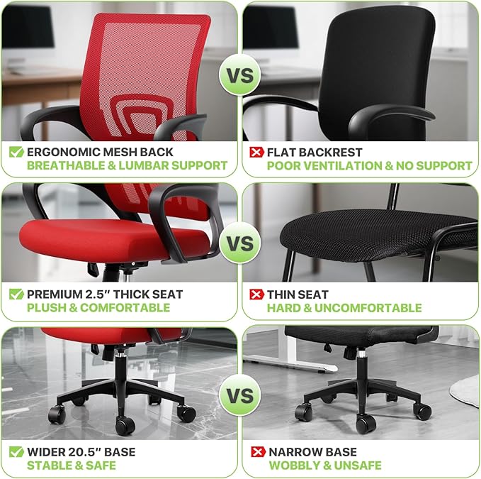 Magshion Office Chair Pack of 2, Ergonomic Mid-Back Mesh Desk Chair, Rolling Computer Chair with Lumbar Support & Comfy Armrests for for Gaming, Work, Study, 300 Lbs Capacity, Red