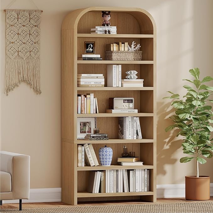 LEVNARY 70" Tall Arched Bookcase, 7-Tier Freestanding Storage Cabinet with Adjustable Shelves, Thick MDF Bookshelf for Bathroom Living Room Bedroom (Natural)