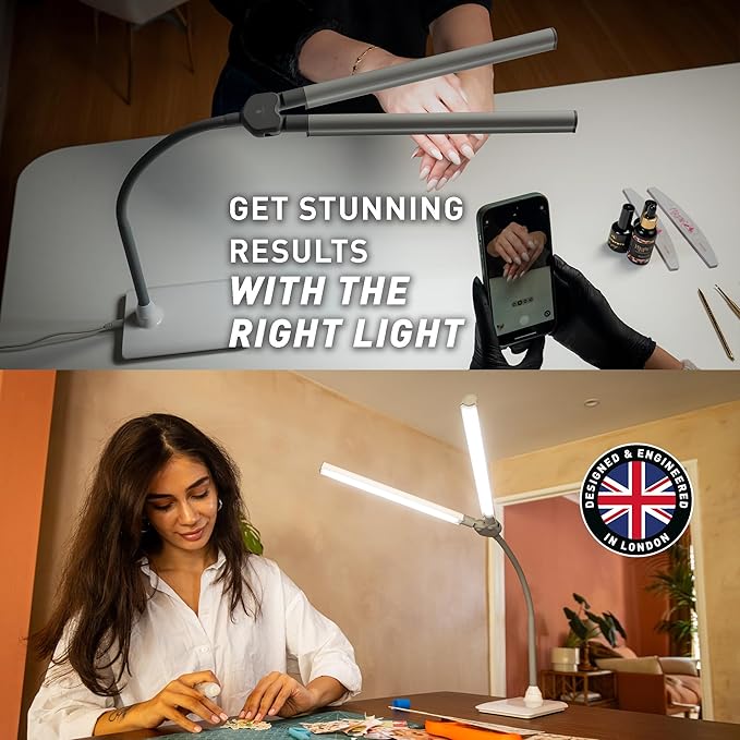 DuoPro™ Table Lamp - Double Shade LED Task Lamp, 4 Brightness Levels, 6,000K Daylight, 2,100 Lux, Anti-Glare, Flexible Arm, Touch Dimmer - Ideal for Sewing, Crafting, Reading