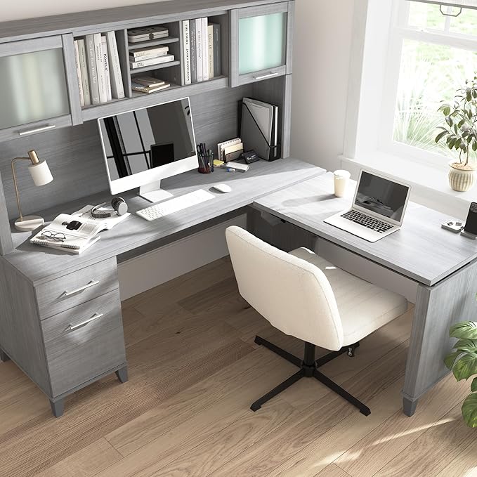Bush Home Somerset 72W 3 Position Sit to Stand L Shaped Desk with Hutch in Platinum Gray | Adjustable Height Table for Office