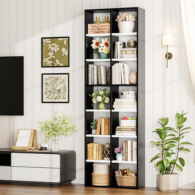 FOTOSOK 2Pcs 71'' Tall Narrow Bookshelf with 14 Cubes, 7 Tier Double Wide Bookshelf with 6 Adjustable Shelves, 19.6" Narrow DVD/CD Media Storage Shelf, Space Saving Display Shelf Cabinet, White/Black