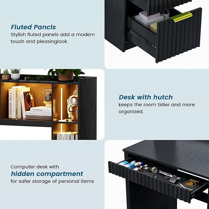 WOOVIVS Home Office Desk with Hutch & LED Lights - 39" Computer Desk with Charging Station, 3 Large Drawers, Hidden Compartment & Fluted Panel Design,Black Writing Desk for Bedroom, Study