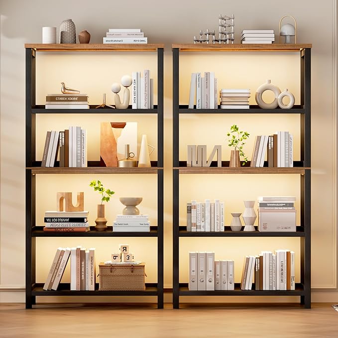 Vlsrka Wooden Bookshelf with Lights, 5 Tier Bookshelf with Storage, Tall Bookcase with Open Shelves, Standing Bookshelves Display Rack for Living Room, Home Office, Black