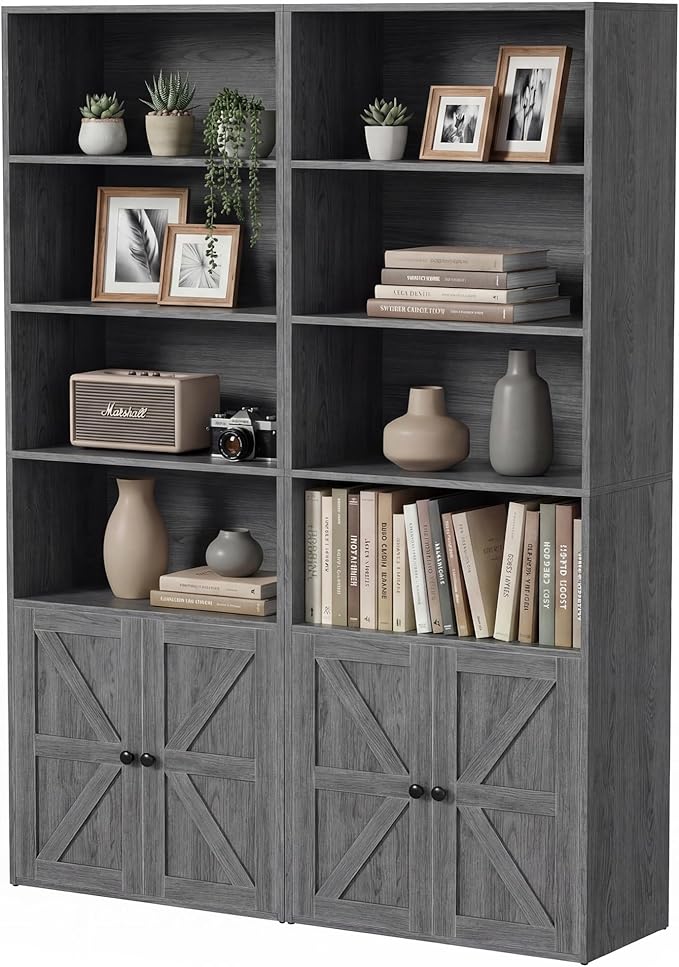 YESHOMY Farmhouse Bookshelf and Bookcase with Doors, Industrial Bookshelves and Bookcases Floor Standing Display 6-Tier Shelf Storage Shelves 71.5 inchs for Home Office, Living Room, Gray, 2 PCS