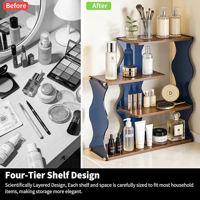 Acrylic Wave Perfume Organizer Shelf, 4-Tier Wood & Acrylic Desk Shelf Display for Perfume Storage, Modern Bathroom Counter Organizer for Cosmetics, Mugs and Small Decor
