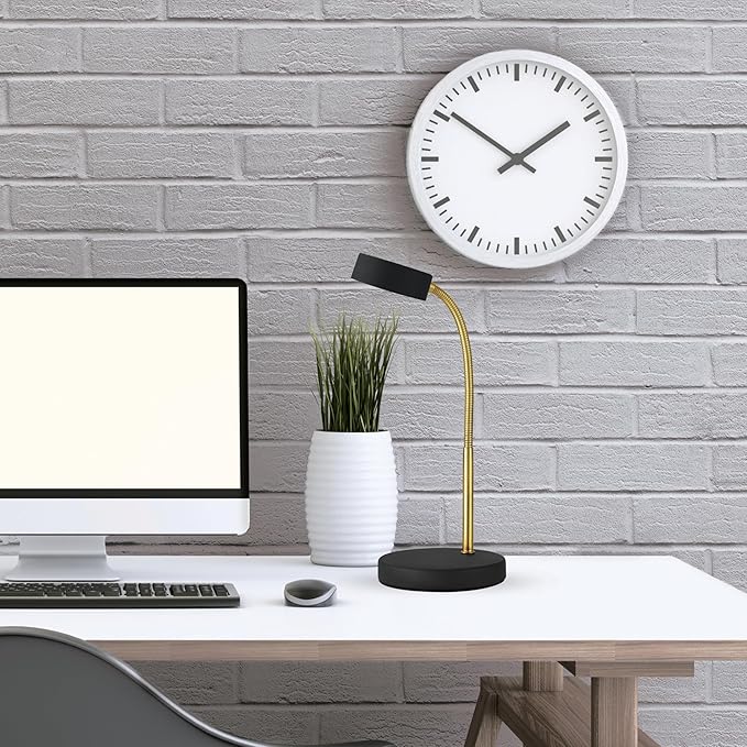 Globe Electric 30061 LED Desk Lamp, Adjustable Matte Gold Gooseneck, Black Finish, 5W Energy Star Integrated LED, 250 Lumens, 3000 Kelvin, 35 000 Hour Lifespan, in-Line On/Off Switch