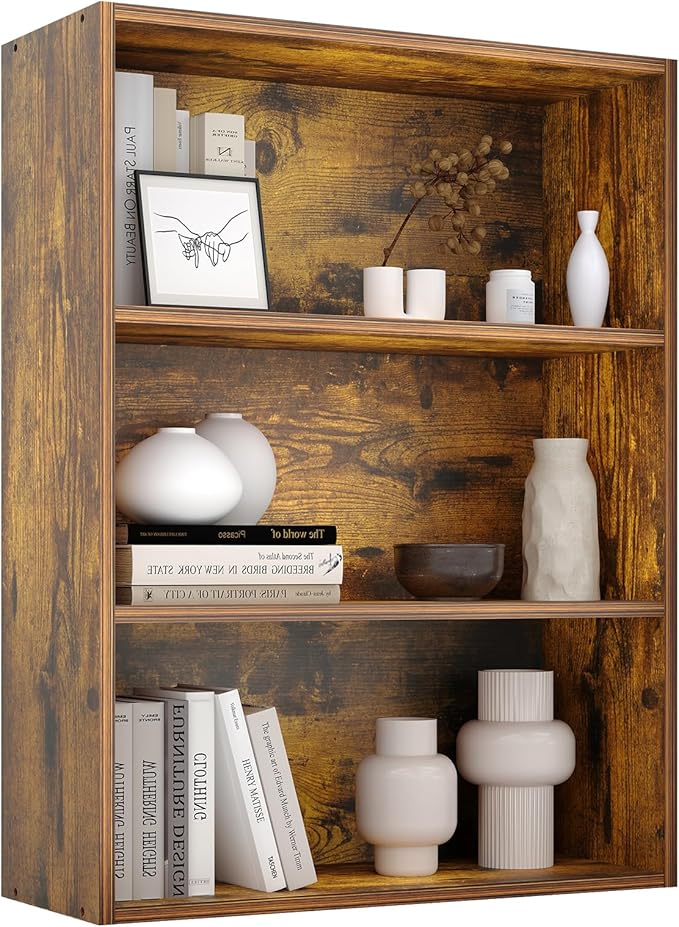 Sweetcrispy Industrial 3 Shelf Bookcase - Large 31.5 Inch Tall Floor Standing Open Bookshelf for Home Office, Living Room, and Bedroom Storage, Brown