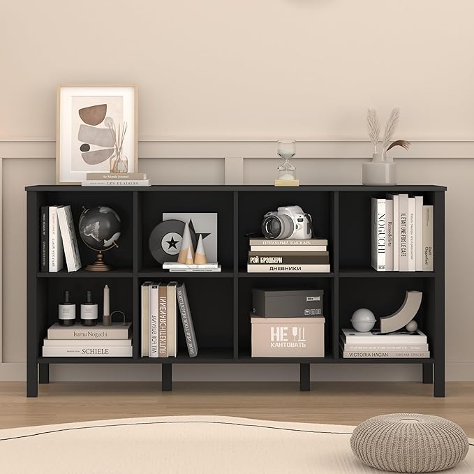 8-Cube Bookcase, Farmhouse Wooden Bookshelf Low Storage Organizer, 59" Horizontal Black Console with Legs, Hallway Book Case for Entryway, Display Cabinet for Living Room (Black, 8-Cube)
