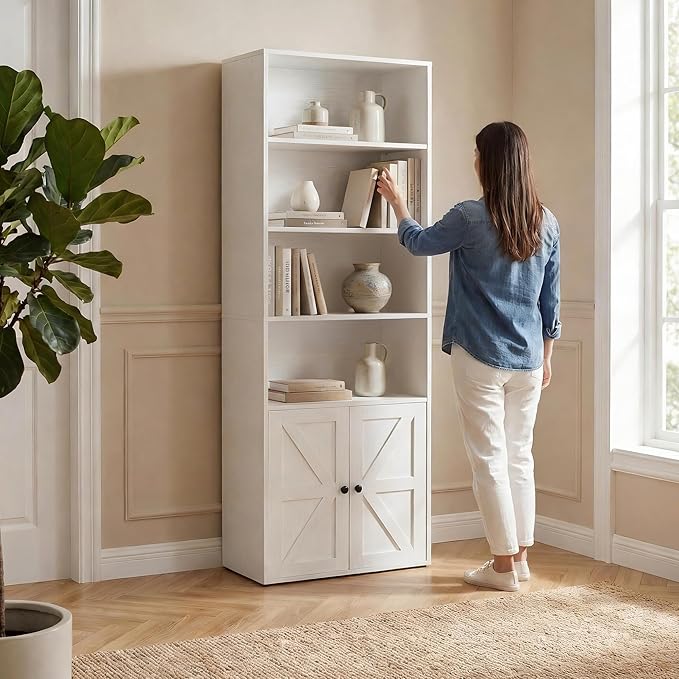 YESHOMY Farmhouse Bookshelf and Bookcase with Doors, Industrial Bookshelves and Bookcases Floor Standing Display 6-Tier Shelf Storage Shelves 71.5 inchs for Home Office, Living Room, White, 1 PCS