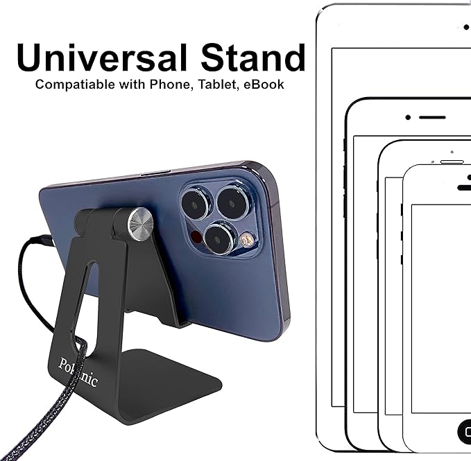 Cell Phone & Tablet Stand Adjustable Multi‑Angle Aluminum Phone & Tablet Stand Non‑Slip Dock/Cradle/Charging Station for Desktop, Bed, Kitchen, Office (Black)