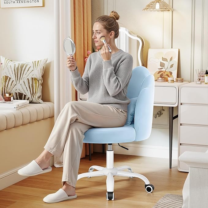 BestGlory Petal Vanity Chair with Wheels, 3.15" Extra Thick Comfy Makeup Chair, Adjustable Modern Swivel Armless Desk Chair for Girls Women, Aesthetic Small Office Chair for Bedroom Dorm