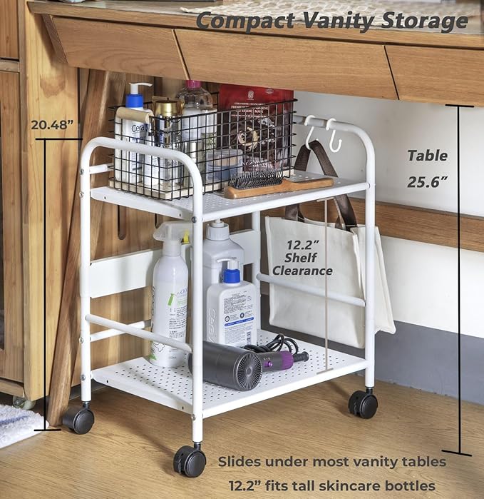 2-Tier Metal Rolling Cart, Under Desk Storage with 12.2" Shelf Clearance, Anti-Drop Guard & Hooks, Compact Utility Cart for Kitchen, Office, Laundry, Bathroom, Pantry, Living Room - White