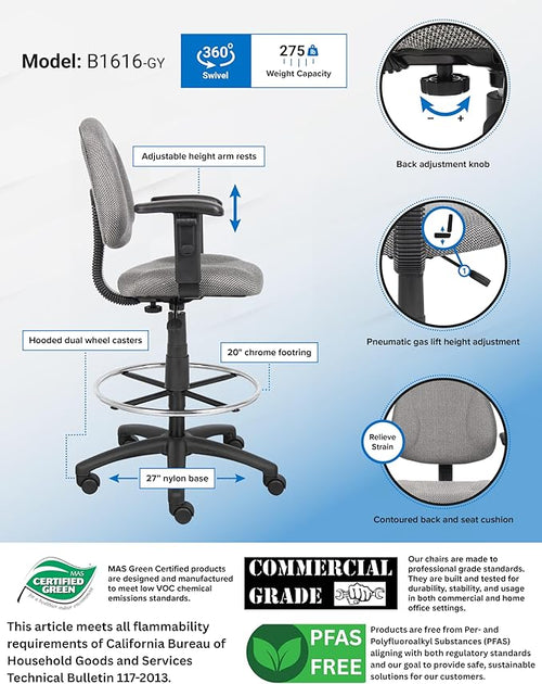 Boss Office Products Ergonomic Works Drafting Chair with Adjustable Arms in Grey, mid-Back (B1616-GY)