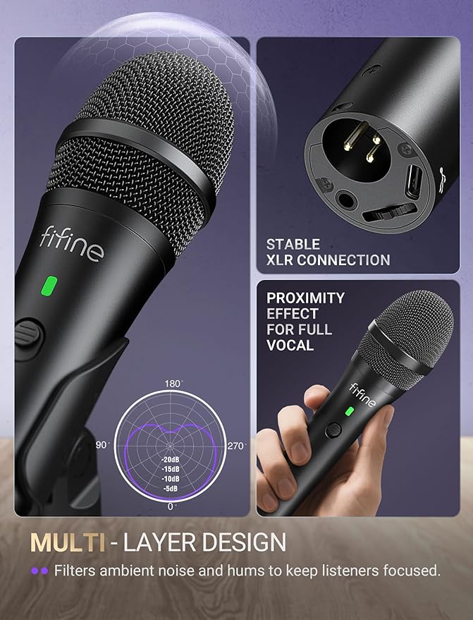 FIFINE USB/XLR Dynamic Microphone for Podcast Recording, Studio Mic Set with Desktop Stand for Vocal, Voice Over, Streaming, Black-AmpliTank TANK2