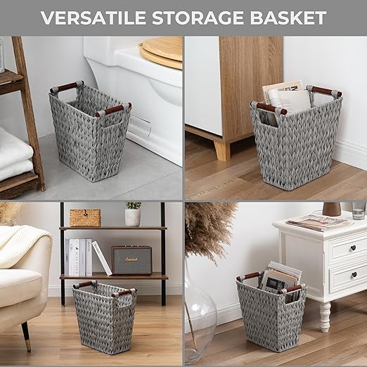 GRANNY SAYS Woven Wicker Desk Wastebasket with Wood Handles – Gray (2-Pack)